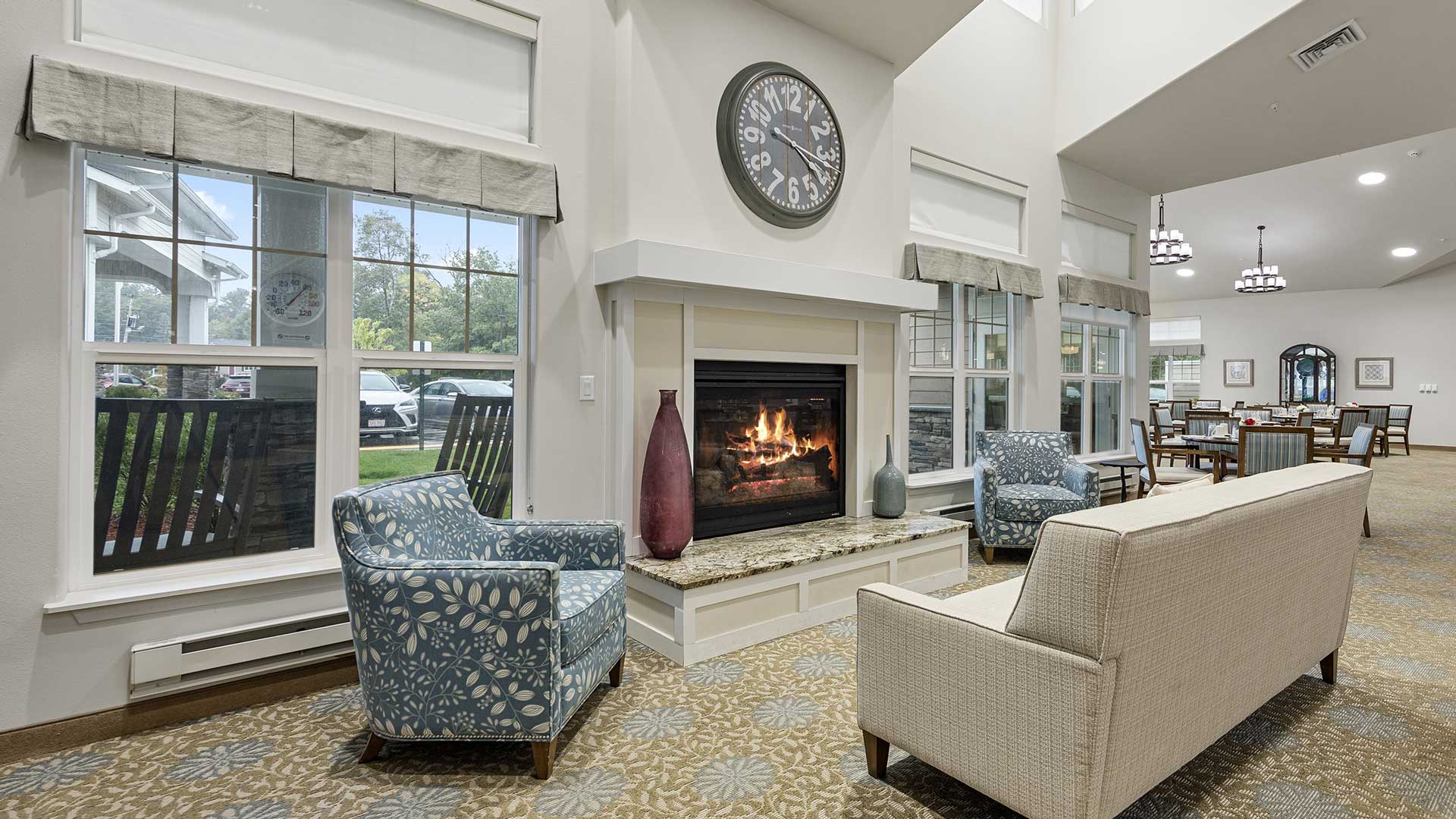 A cozy fireplace lounge at Kennedy Meadows